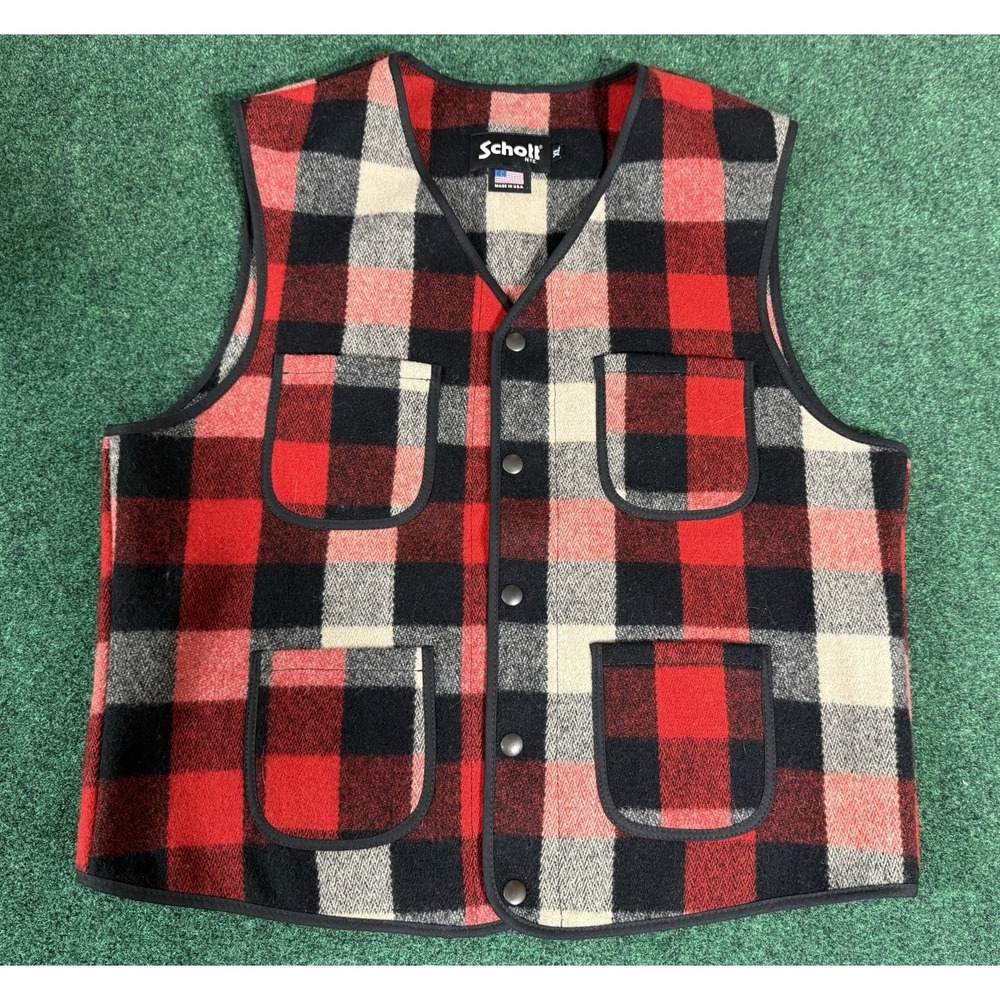 SCHOTT NYC Wool Mackinaw Vest Plaid Red Black White Mens XL Made USA Pockets